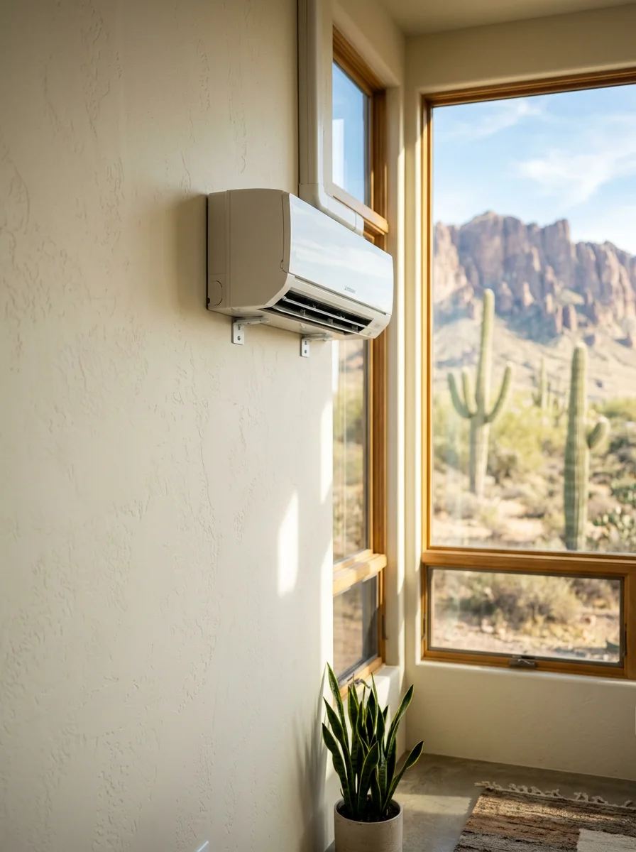 Interior view of a mini split wall unit installed in an enclosed Arizona room addition, with desert-facing windows visible in an Apache Junction home.