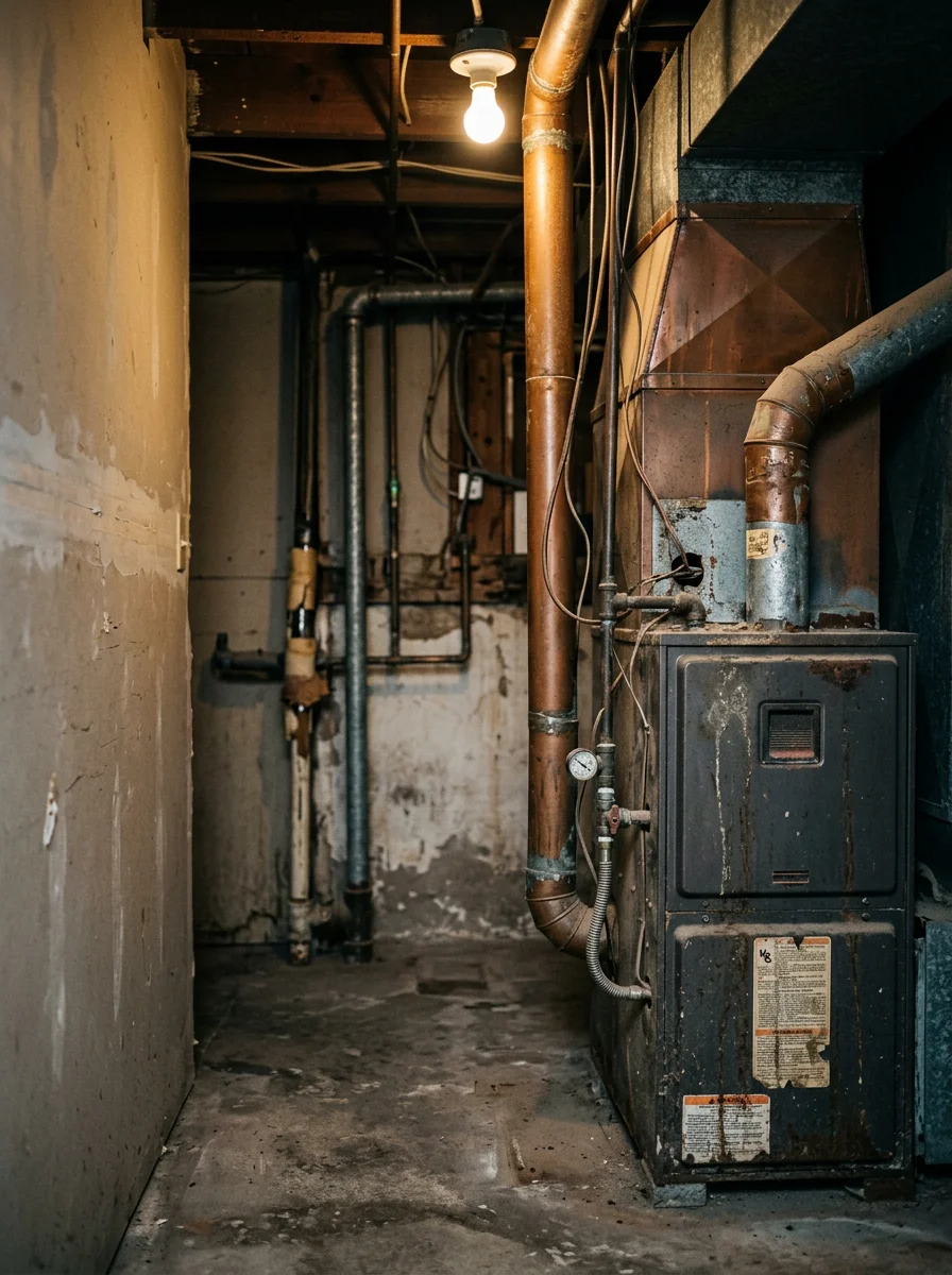 Aging furnace unit in the utility room of a Florence, Arizona historic-district home, showing original ductwork connections and worn components.