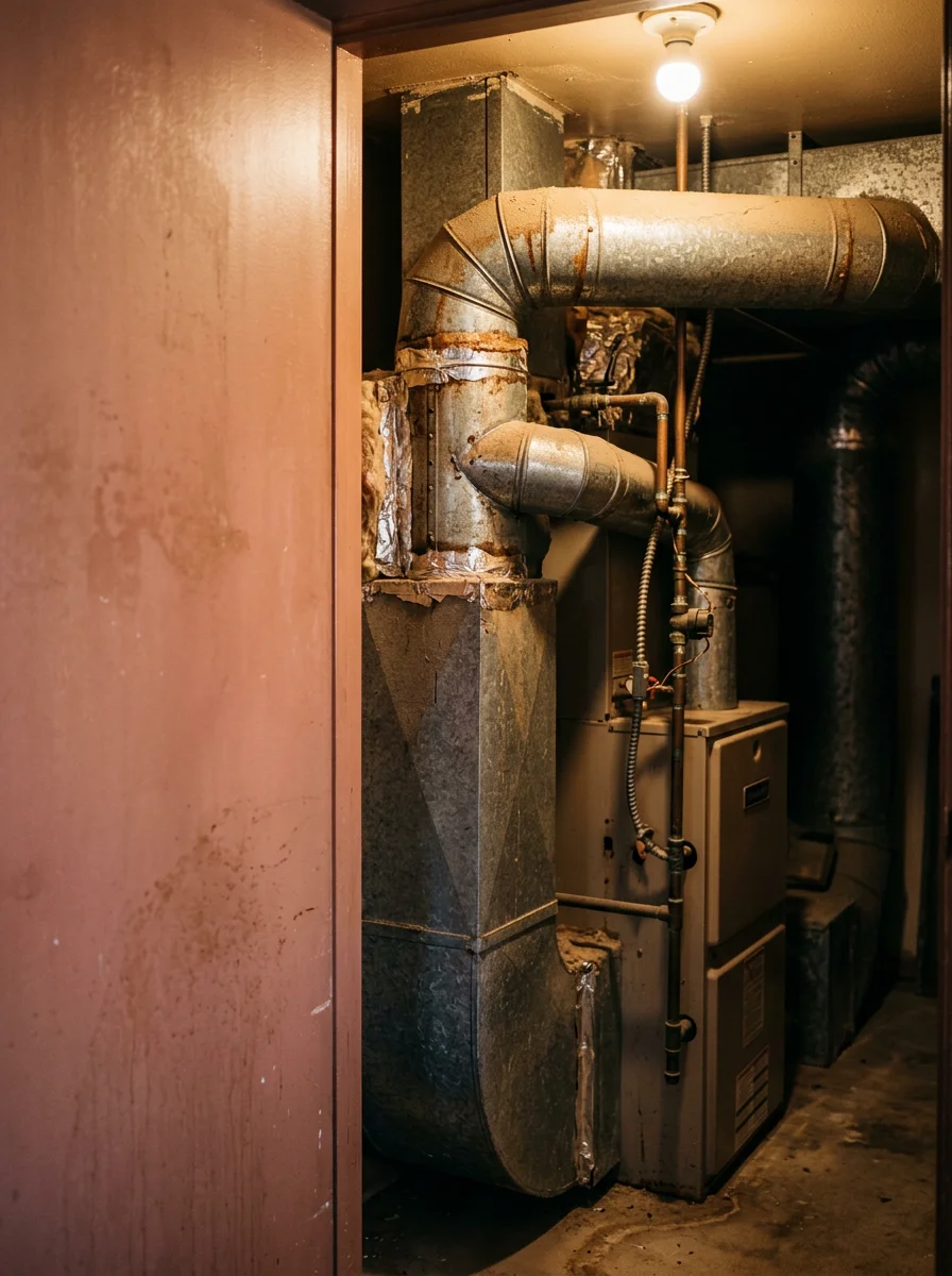 Close-up of a furnace unit inside an older Globe, Arizona home, showing aging ductwork connections in a low-clearance utility space.