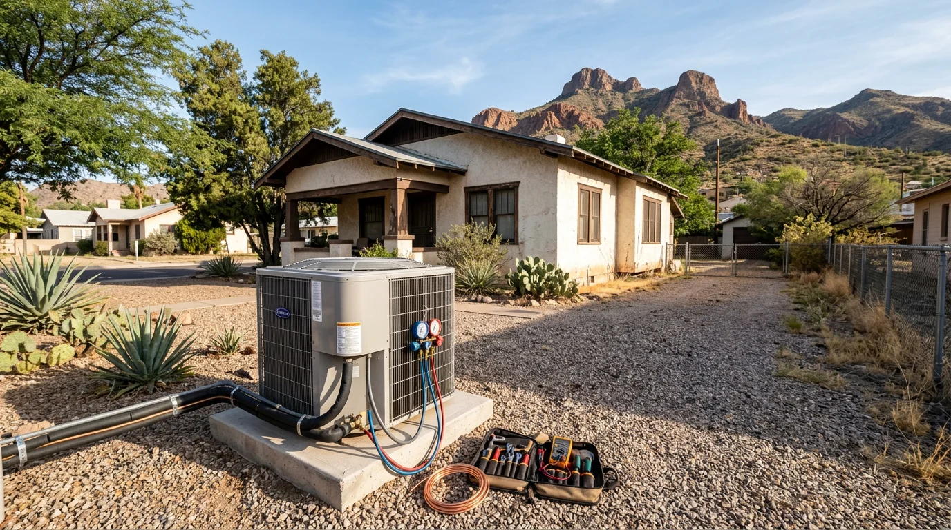 HVAC technician inspecting an outdoor condenser unit beside a Craftsman-style bungalow in Globe, Arizona, with the Pinal Mountains visible in the background.