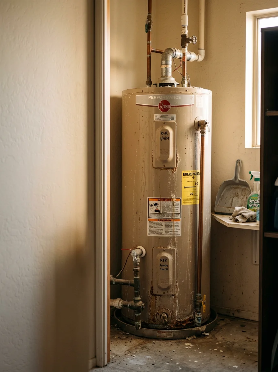 Water heater unit in a utility closet of a Gold Canyon, Arizona active-adult community home, showing connections and age markings on the tank.