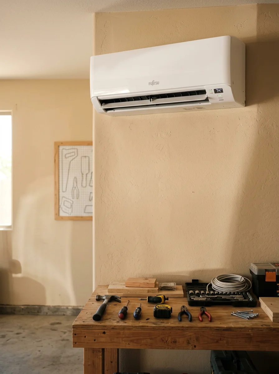 Mini split wall unit installed in a converted garage space in a Mesa, Arizona home, with the indoor air handler mounted high on the wall above a workbench.