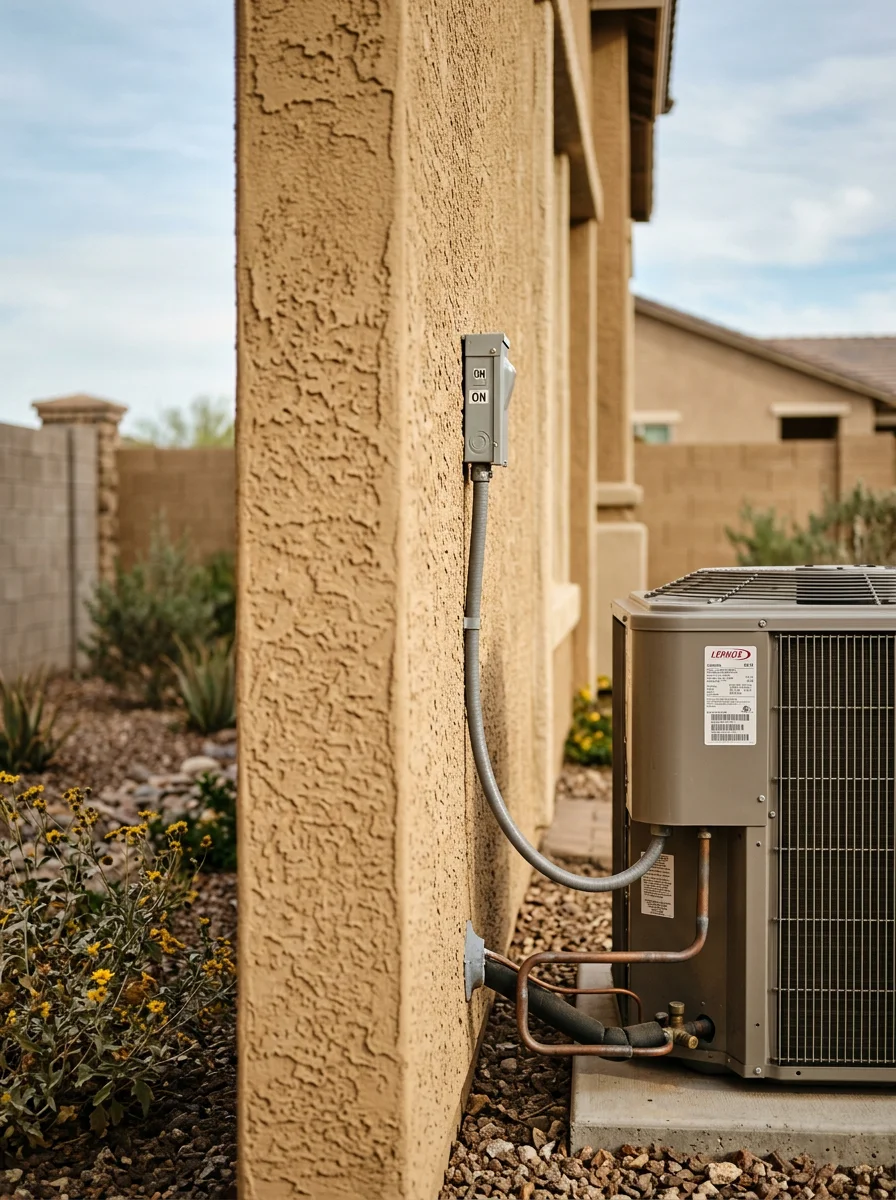 Outdoor condenser unit beside a stucco production home in a Queen Creek, Arizona master-planned subdivision, with desert landscaping and a block wall in the background.
