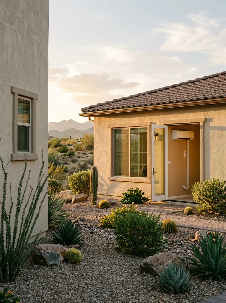 Mini split indoor wall unit installed in a single-family home addition in Queen Valley, Arizona, with desert-facing windows and low-clearance ceiling visible.