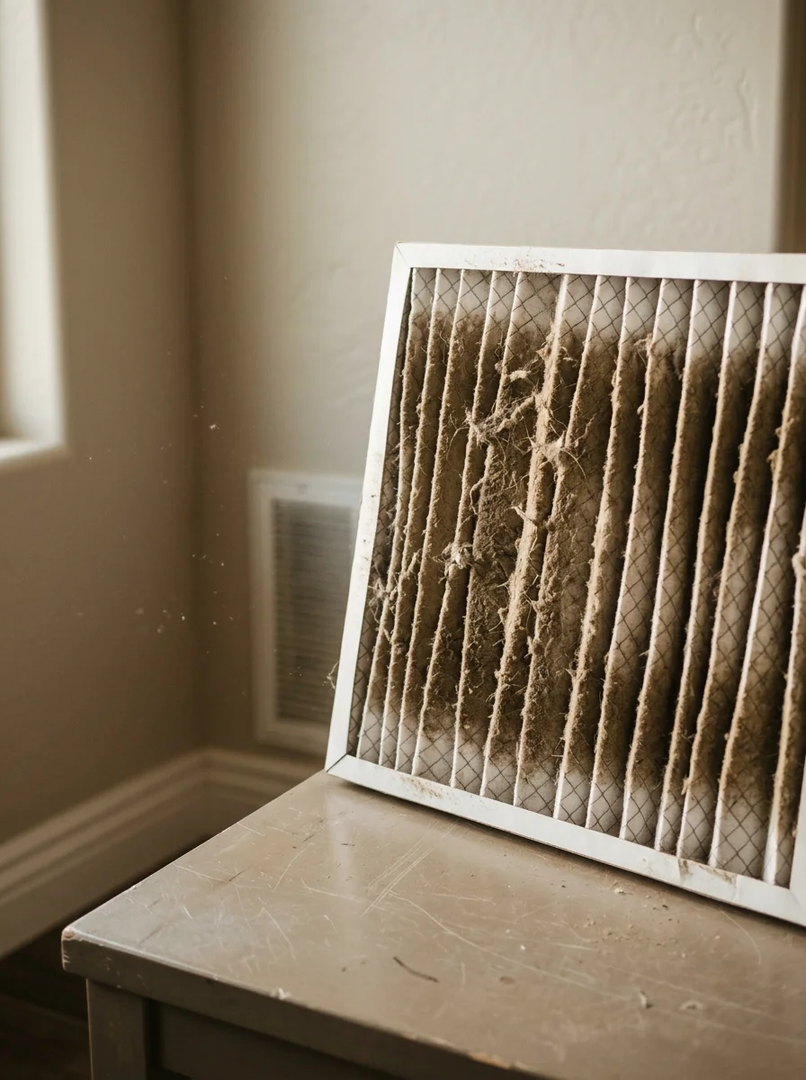 Dusty air filter removed from a return vent in a San Tan Valley, Arizona production home, showing heavy particulate accumulation from desert conditions.