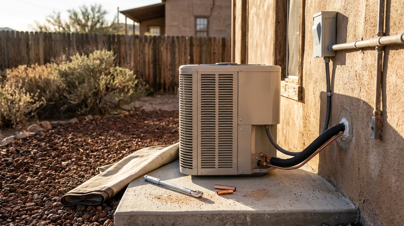 A new residential central air conditioning condenser unit installed outside a single-family home in Globe, Arizona, with desert landscaping visible in the background. A technician from Cobre Valley Air LLC checks the unit connections during the final installation walkthrough.