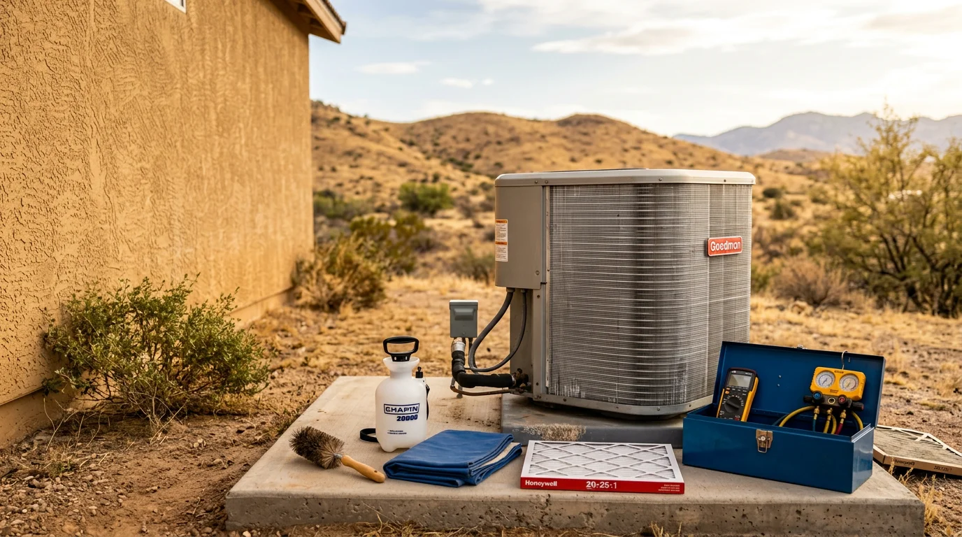 An HVAC technician cleaning the condenser coils on a residential AC unit outside a home in Globe, Arizona. The outdoor unit sits against a desert landscape under a clear blue sky.