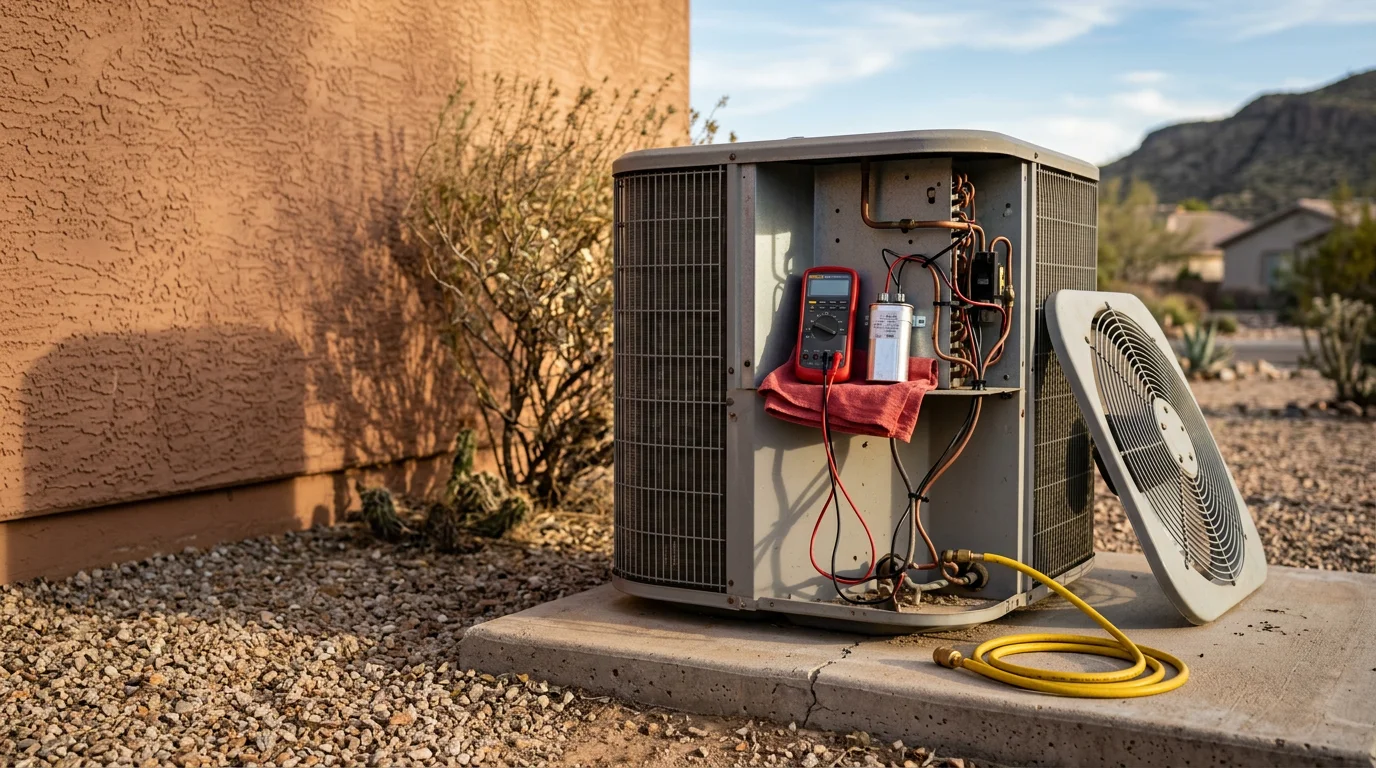 A residential AC unit outside a single-story home in Globe, Arizona, with a technician inspecting the condenser coils on a clear summer day. The high desert landscape and blue sky are visible in the background.