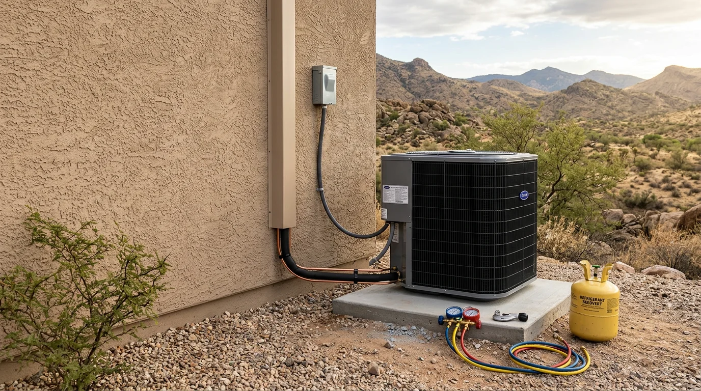 A new residential AC condenser unit installed outside a single-story home in Globe, Arizona, with a clear blue sky and desert landscape in the background. A technician from Cobre Valley Air LLC checks the system connections after completing the replacement.
