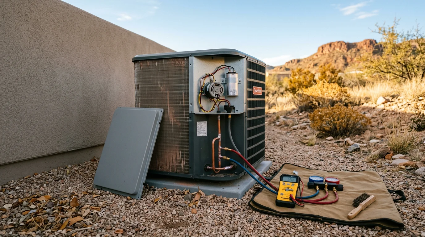A technician inspecting the outdoor condenser unit of a residential air conditioning system in Globe, Arizona. The unit sits beside a desert-landscaped home under a bright summer sky.