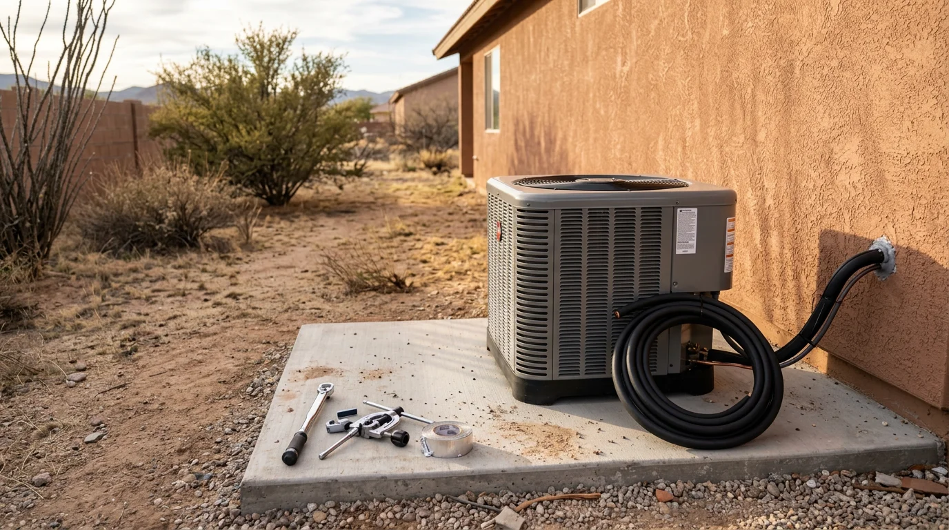 A new central air conditioning unit installed on the side of a residential home in Globe, Arizona, with the Pinal Mountains visible in the background. A technician from Cobre Valley Air LLC checks the outdoor condenser unit connections after installation.
