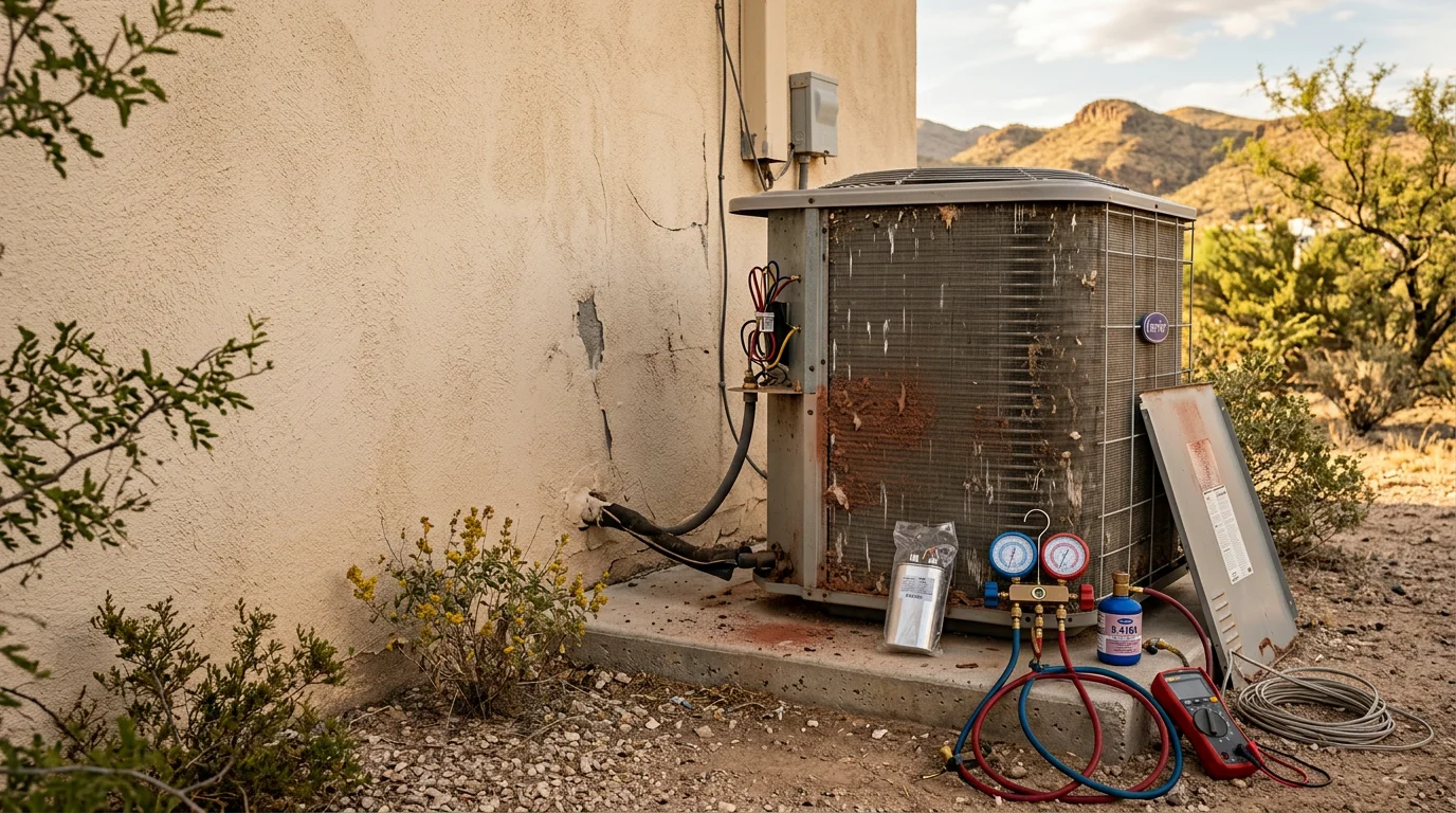 A Cobre Valley Air LLC technician inspecting an outdoor AC condenser unit at a residential property in Globe, Arizona. The high desert landscape and clear blue sky are visible in the background.
