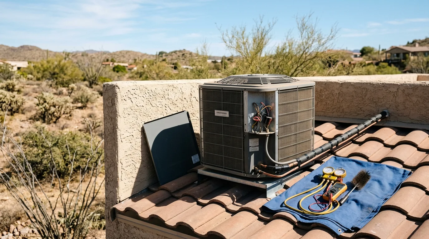 A residential air conditioning unit installed on the exterior of a single-family home in Globe, Arizona, with the Pinal Mountains visible in the background. A technician from Cobre Valley Air LLC inspects the outdoor condenser unit during a service call.