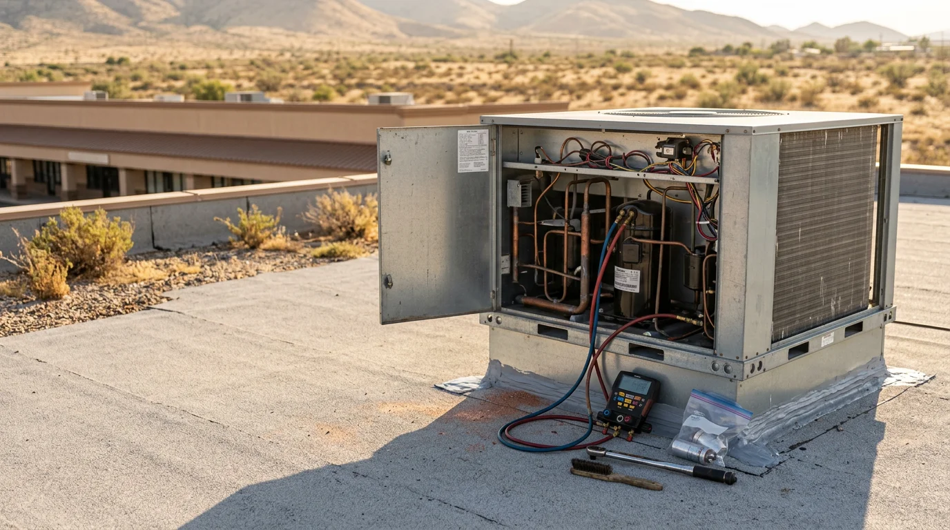 A commercial rooftop HVAC unit installed on a flat-roof building in Globe, Arizona, with desert terrain and clear blue sky in the background. A technician in work gear inspects the unit during a routine service visit.