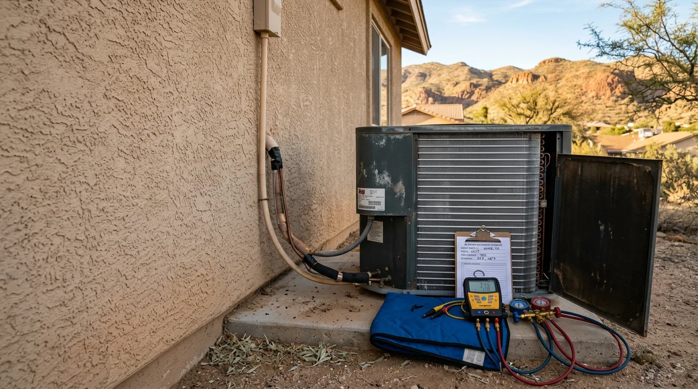 An HVAC technician inspecting the indoor air handler and electrical components of a residential air conditioning system in Globe, Arizona. The technician reviews system readings and checks coil condition during a comprehensive AC assessment.