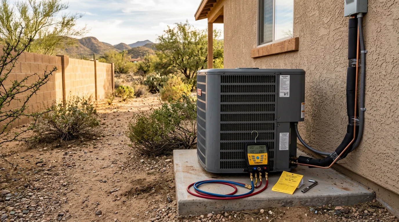 A residential air conditioning unit mounted on the exterior wall of a home in Globe, Arizona, with clear blue sky and desert landscape visible in the background. A technician from Cobre Valley Air LLC inspects the unit during a summer efficient cooling service call.