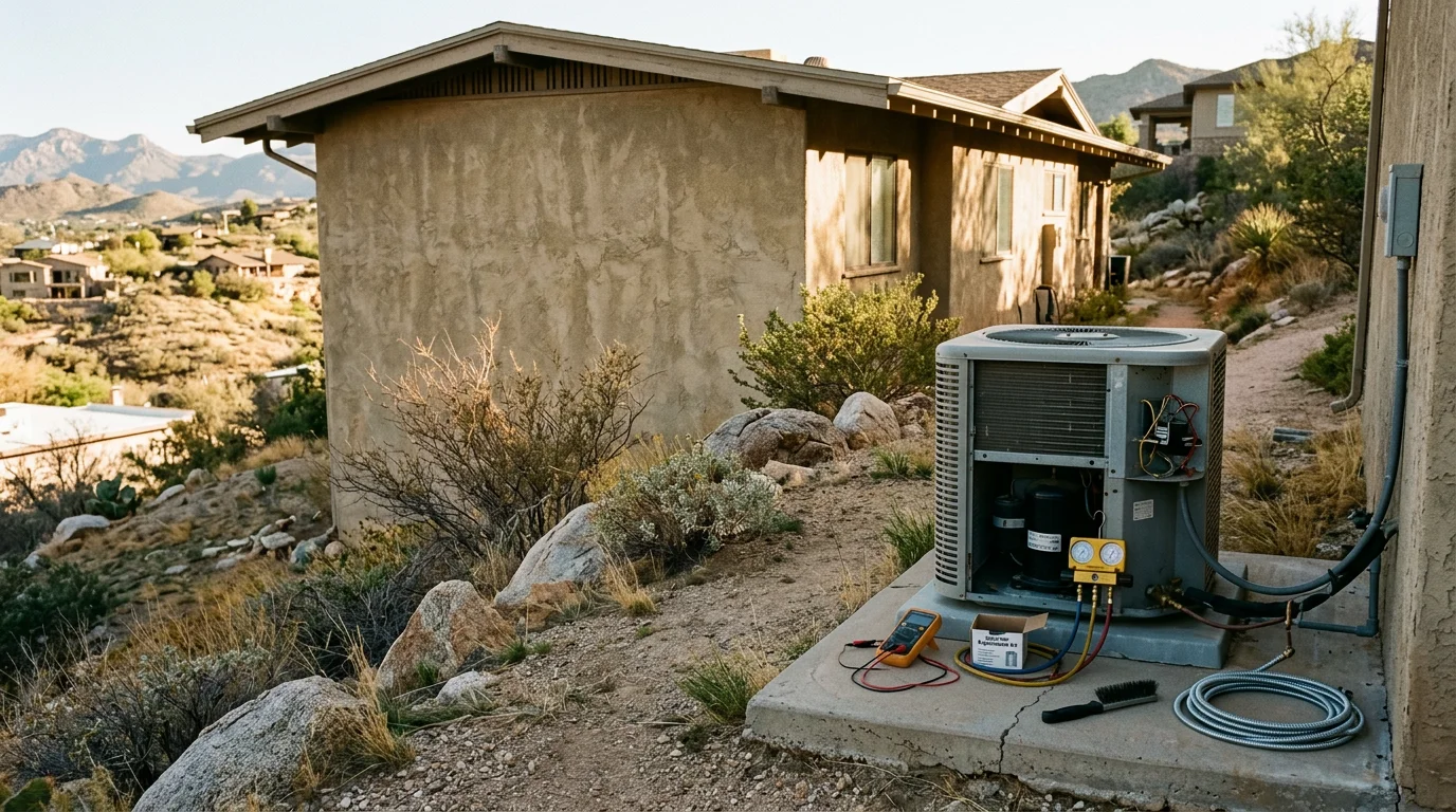 A Cobre Valley Air LLC technician inspecting an outdoor AC condenser unit beside an older hillside home in Globe, Arizona, with the Pinal Mountains visible in the background.