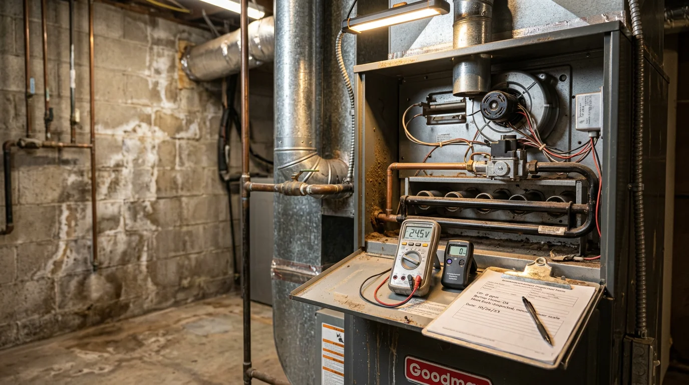 An HVAC technician inspecting the interior components of a residential gas furnace in a Globe, Arizona home. The technician examines the burner assembly and heat exchanger with a flashlight during a pre-season furnace inspection.
