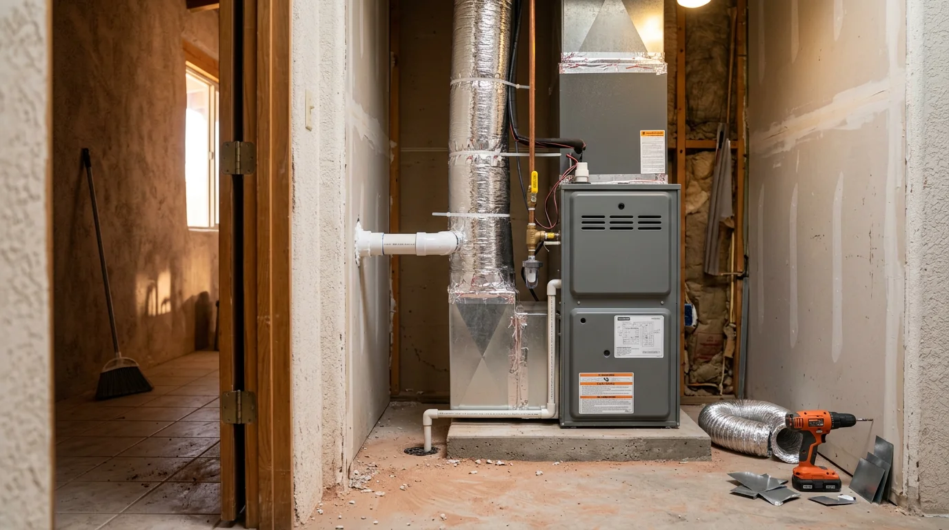 A newly installed furnace unit inside a residential utility room in Globe, Arizona, with connected ductwork and venting visible. The installation is clean and complete, showing the system ready for operation in a high desert home.