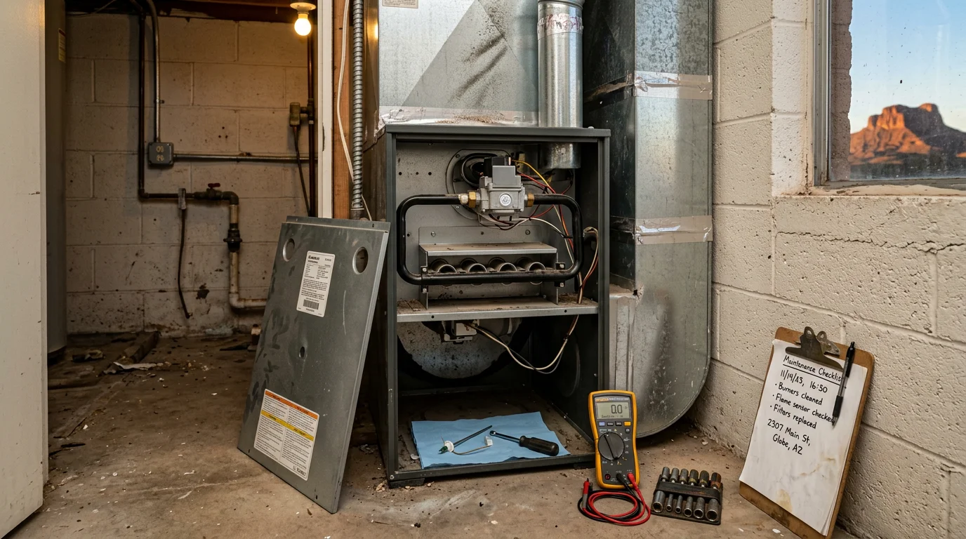 A Cobre Valley Air LLC technician inspecting the burner assembly and heat exchanger inside a residential furnace in Globe, Arizona. The technician is checking internal components as part of an annual furnace maintenance visit.