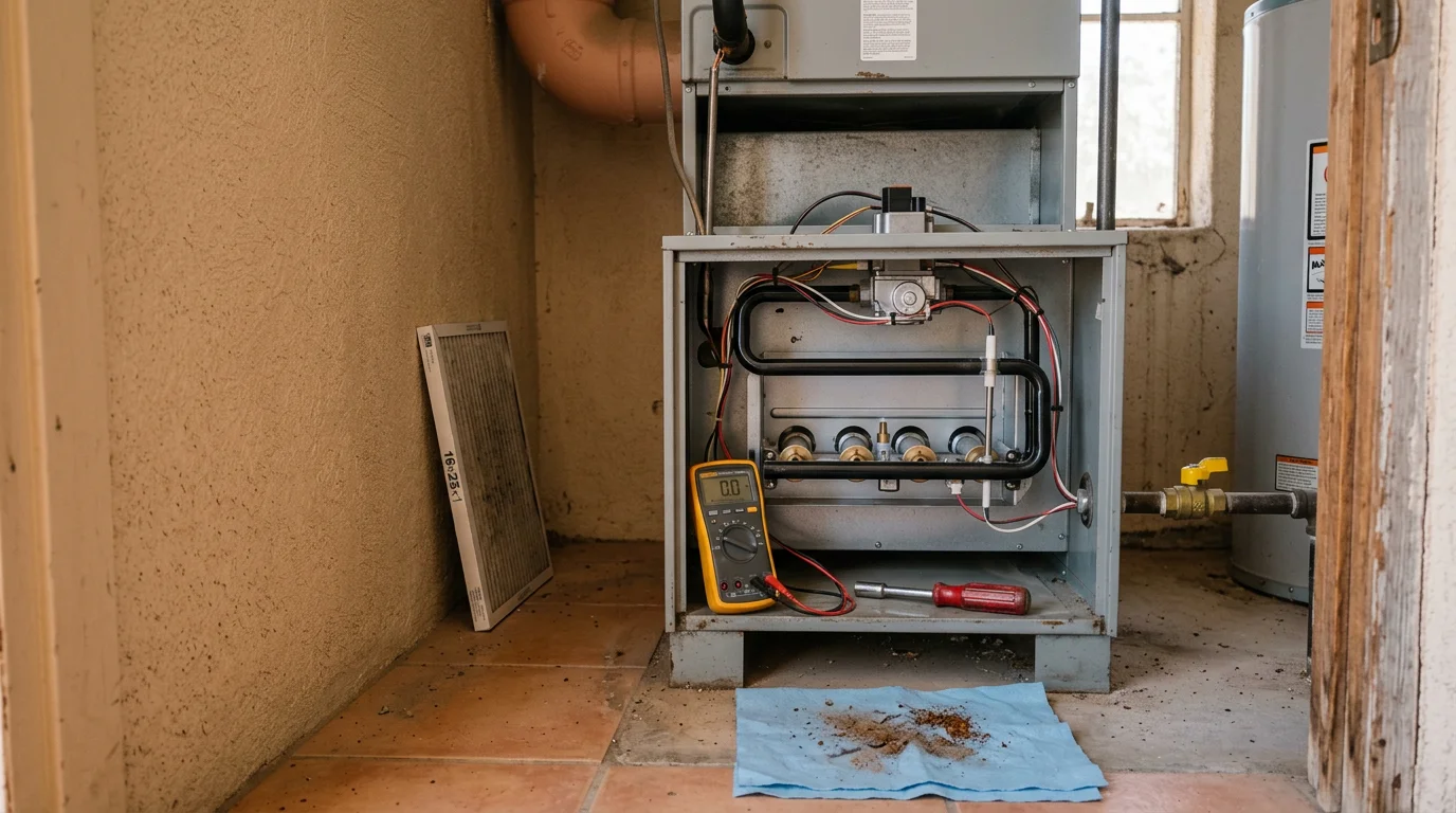 A furnace unit being inspected by an HVAC technician inside a residential home in Globe, Arizona. The technician examines the ignition and blower components during a furnace repair service call.