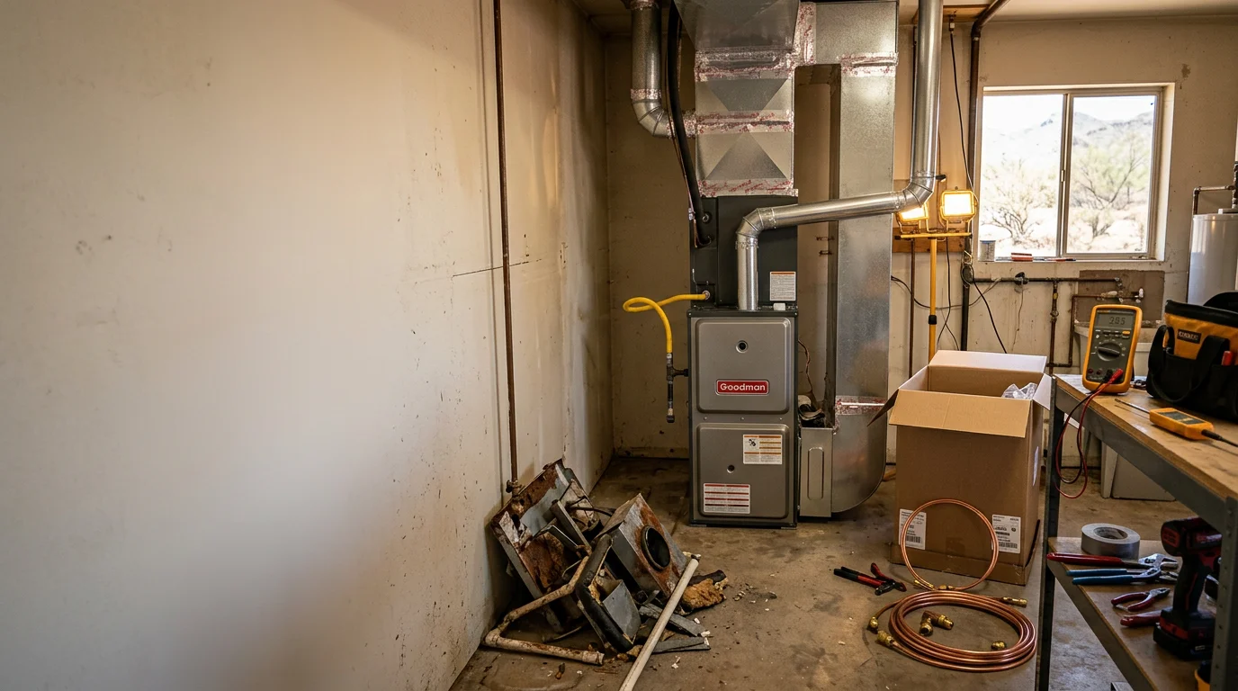 A technician from Cobre Valley Air LLC completing a furnace replacement in a residential home in Globe, Arizona. The new heating unit is installed in a utility space typical of high-desert homes in the Cobre Valley region.