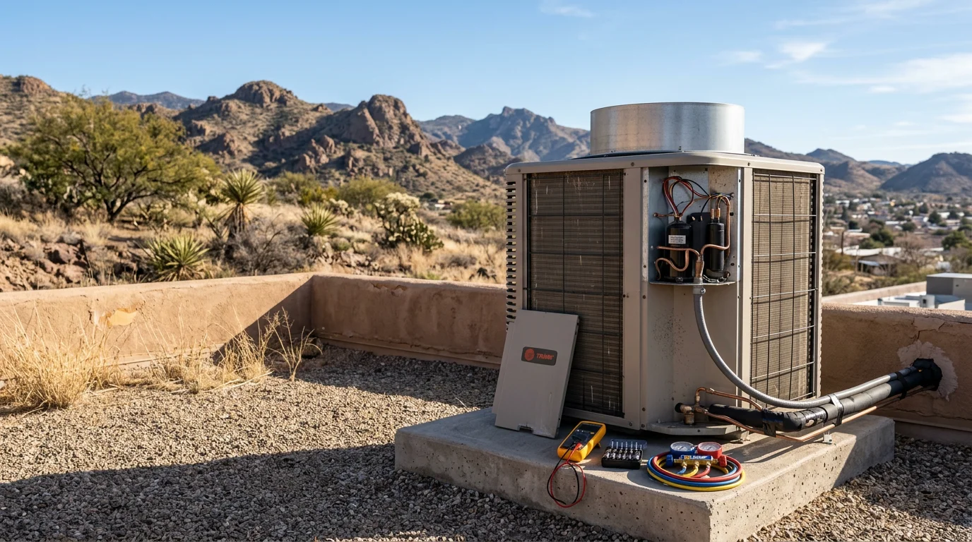 A technician inspecting an open furnace unit inside a Globe, Arizona home during a heating repair service call. The surrounding desert landscape is visible through a nearby window.