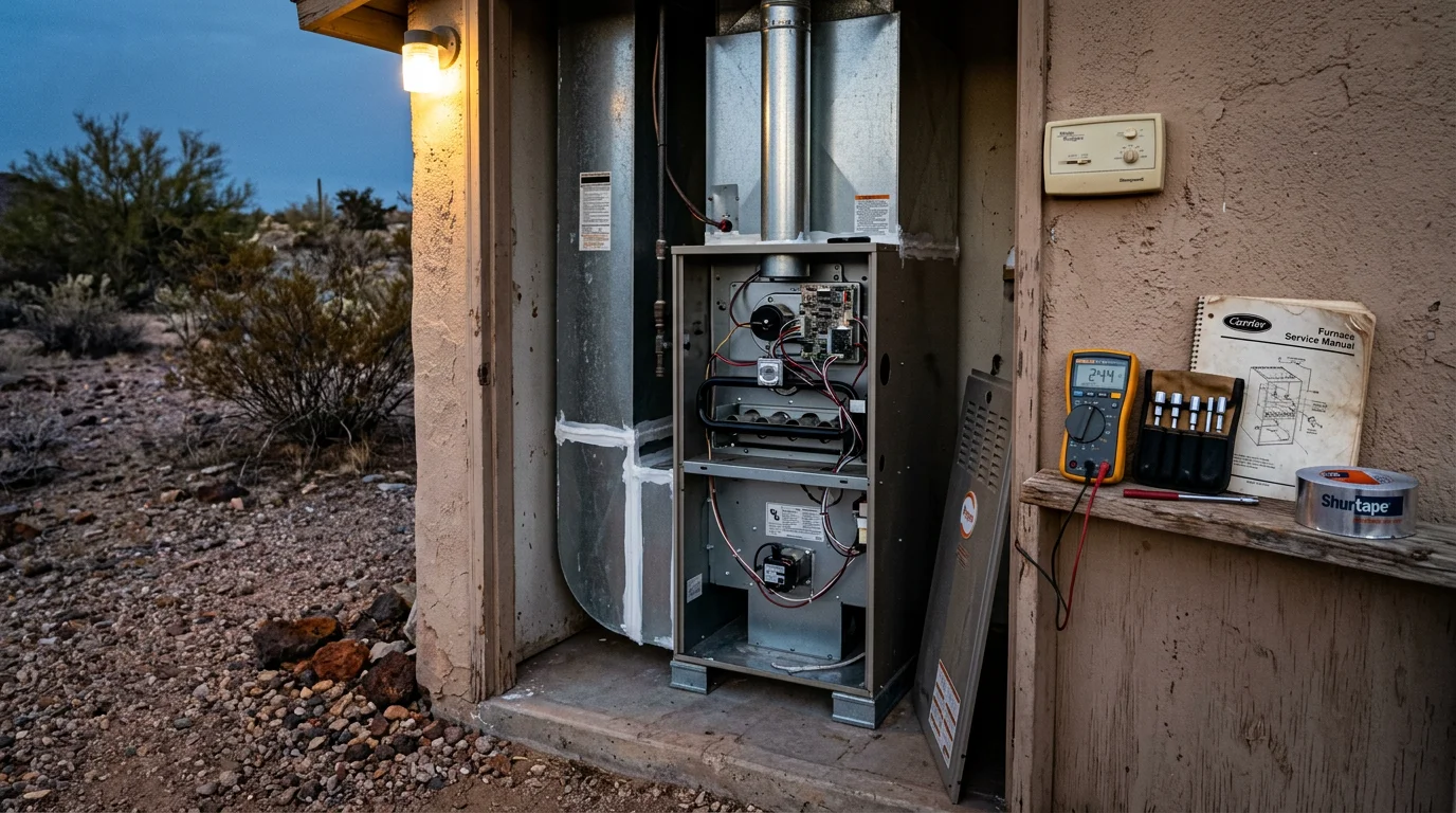 A residential heating system unit being inspected by a technician at a home in Globe, Arizona. The image shows the interior heating equipment in a typical desert-region home during the cooler season.