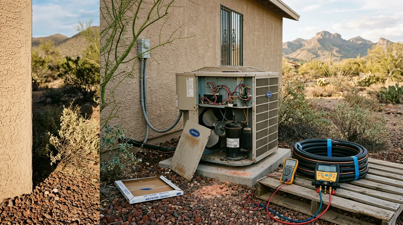 A residential HVAC unit installed outside a home in Globe, Arizona, with the surrounding desert landscape visible. An HVAC technician from Cobre Valley Air LLC inspects the outdoor condenser unit during a service call.
