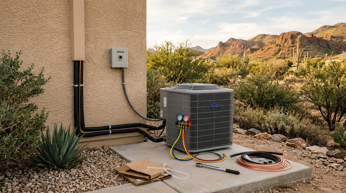 A new HVAC outdoor condenser unit installed beside a residential home in Globe, Arizona, with desert terrain visible in the background. The unit is positioned on a concrete pad with clean copper line connections running into the home.