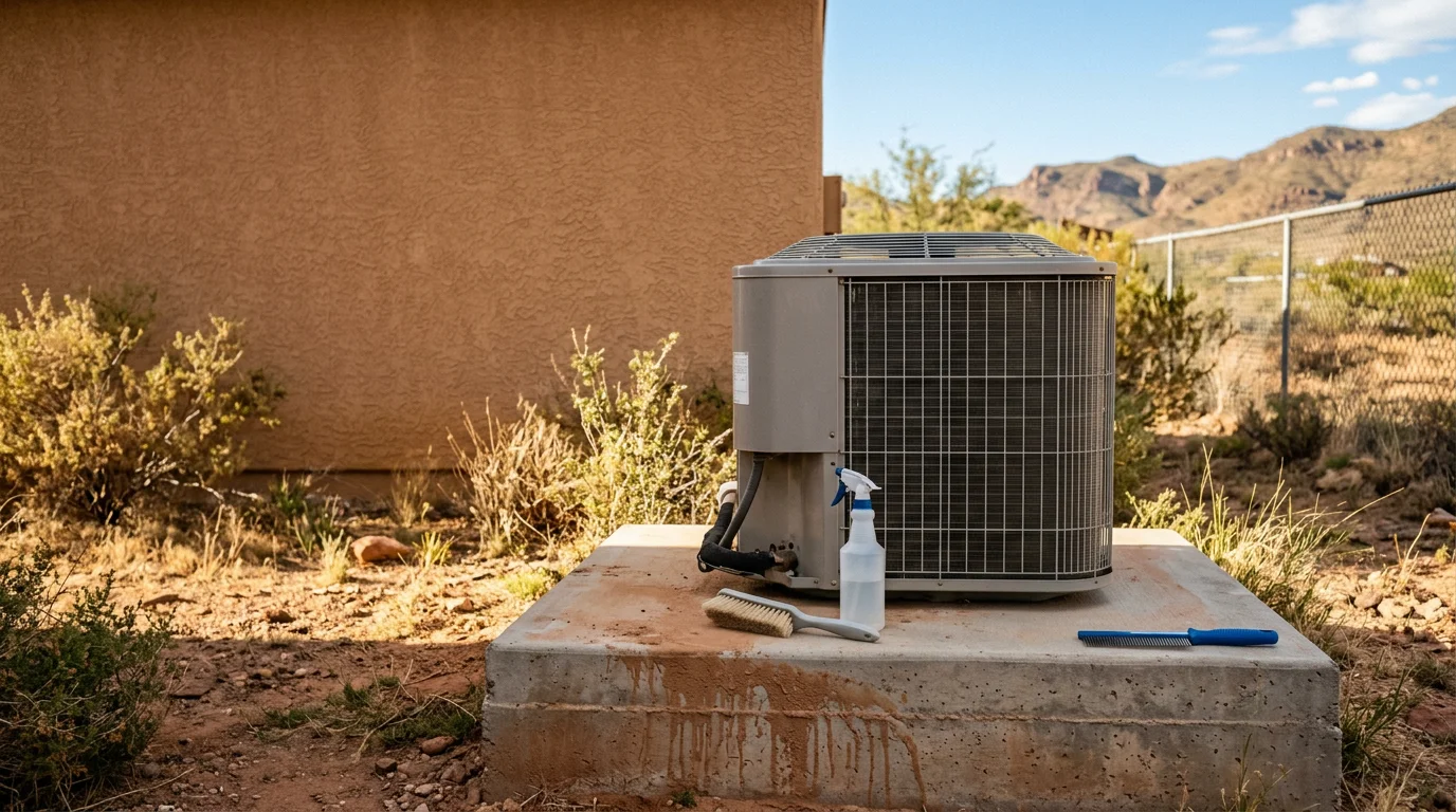 An HVAC technician inspecting and cleaning the outdoor condenser unit of a residential air conditioning system in Globe, Arizona. The unit sits beside a single-family home under a clear desert sky, with dry terrain visible in the background.