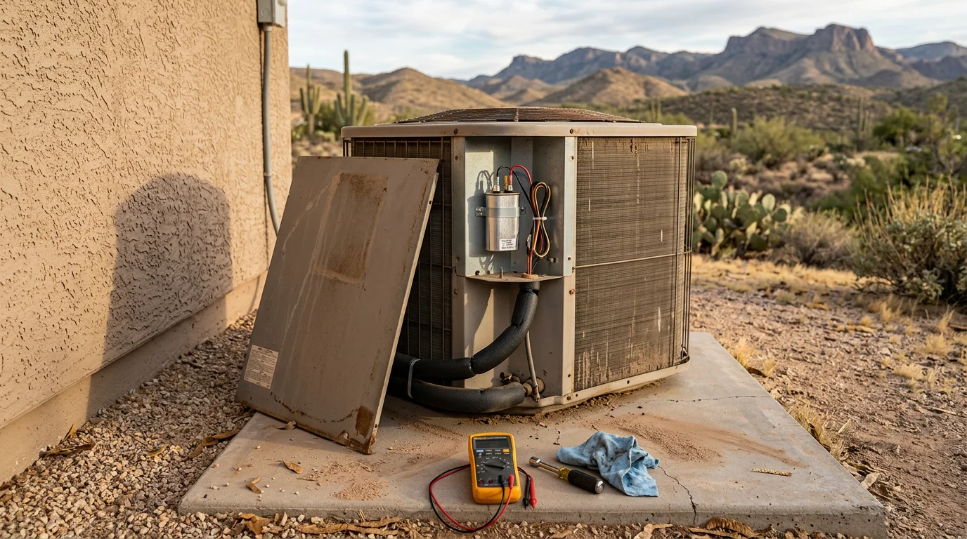 A Cobre Valley Air LLC technician inspecting an outdoor HVAC condenser unit at a residential property in Globe, Arizona. The unit sits against a dry desert backdrop typical of the Cobre Valley region.