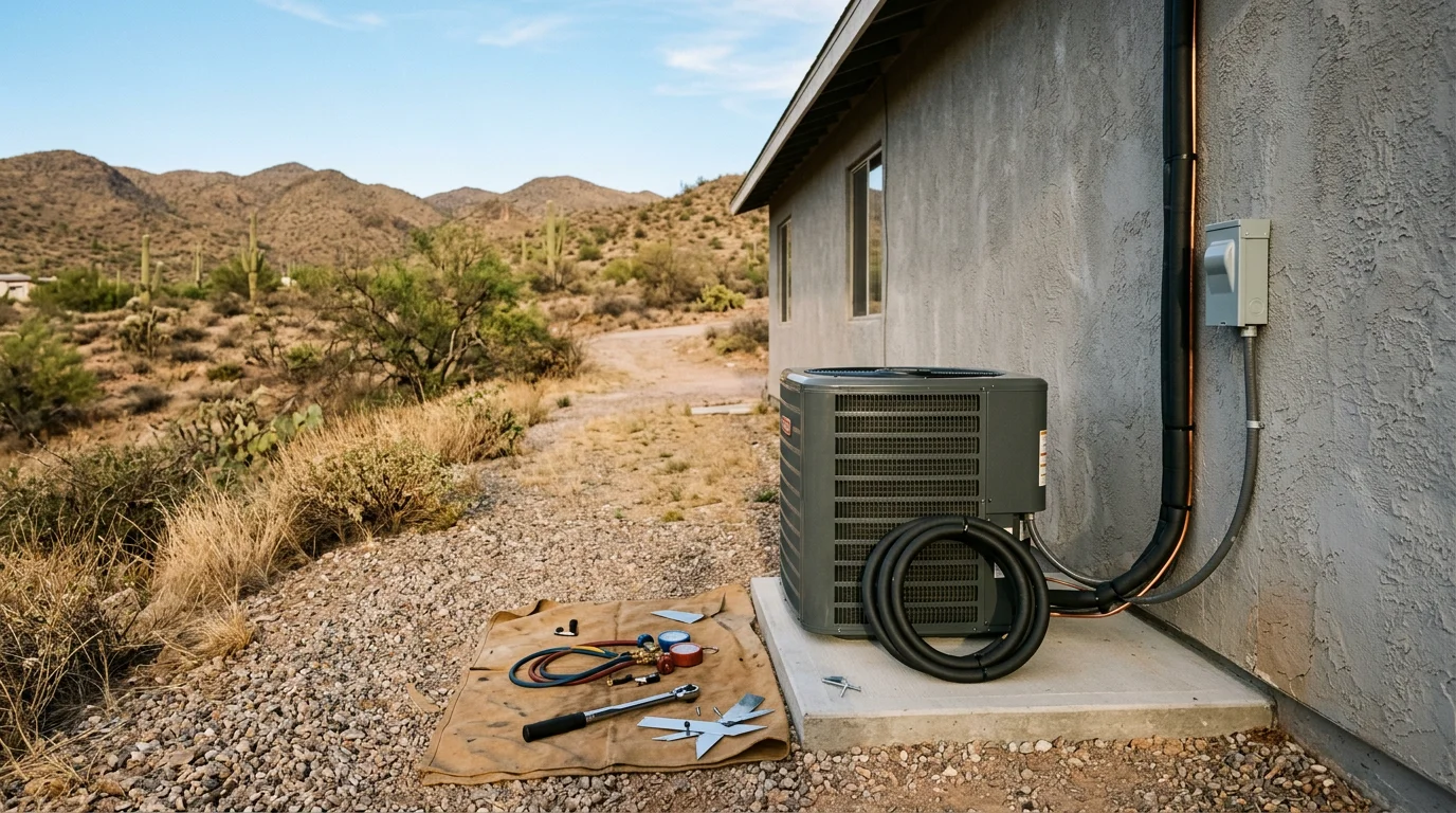 A newly installed residential HVAC outdoor condenser unit positioned beside a single-story home in Globe, Arizona, with desert terrain visible in the background. The installation shows clean copper line connections and a level pad placement typical of Cobre Valley Air LLC's work in the Globe area.