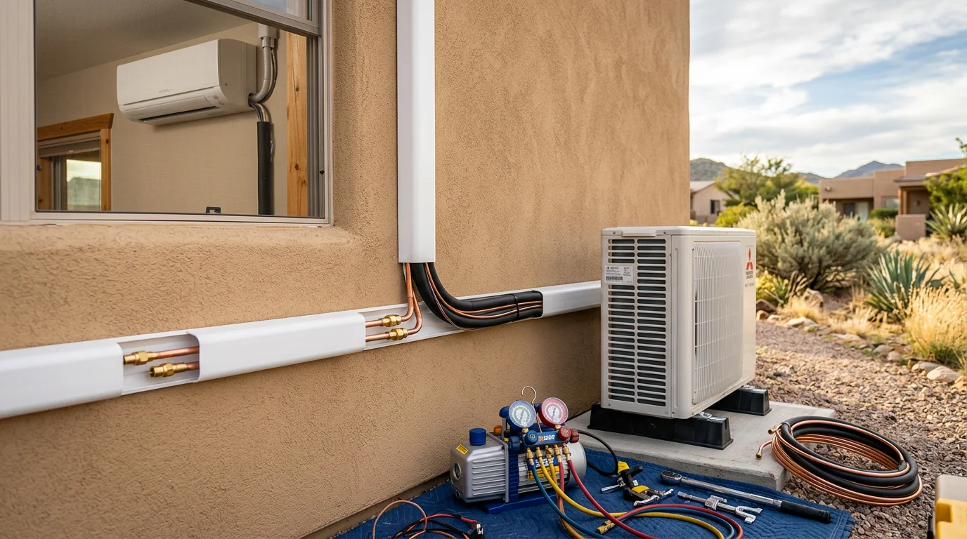 A ductless mini split indoor air handler mounted on the wall of a Globe, Arizona home, with the outdoor condenser unit visible through the window on the exterior wall. A Cobre Valley Air LLC technician connects the refrigerant line set during installation.