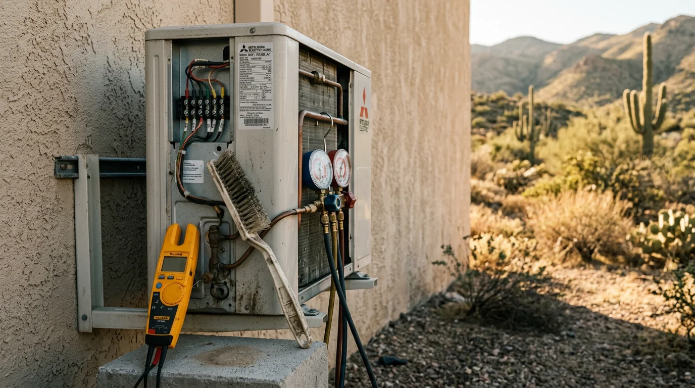 A Cobre Valley Air LLC technician inspecting the outdoor condenser unit of a ductless mini split system at a residential property in Globe, Arizona. The technician is checking refrigerant lines and electrical connections on a clear desert day.