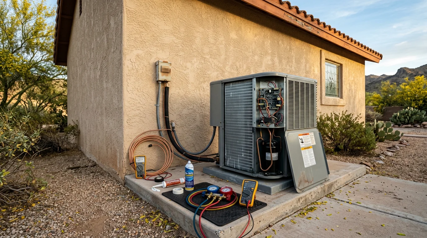 A Cobre Valley Air LLC technician inspecting a rooftop commercial AC unit in Globe, Arizona, with a residential neighborhood visible in the background under a clear desert sky.