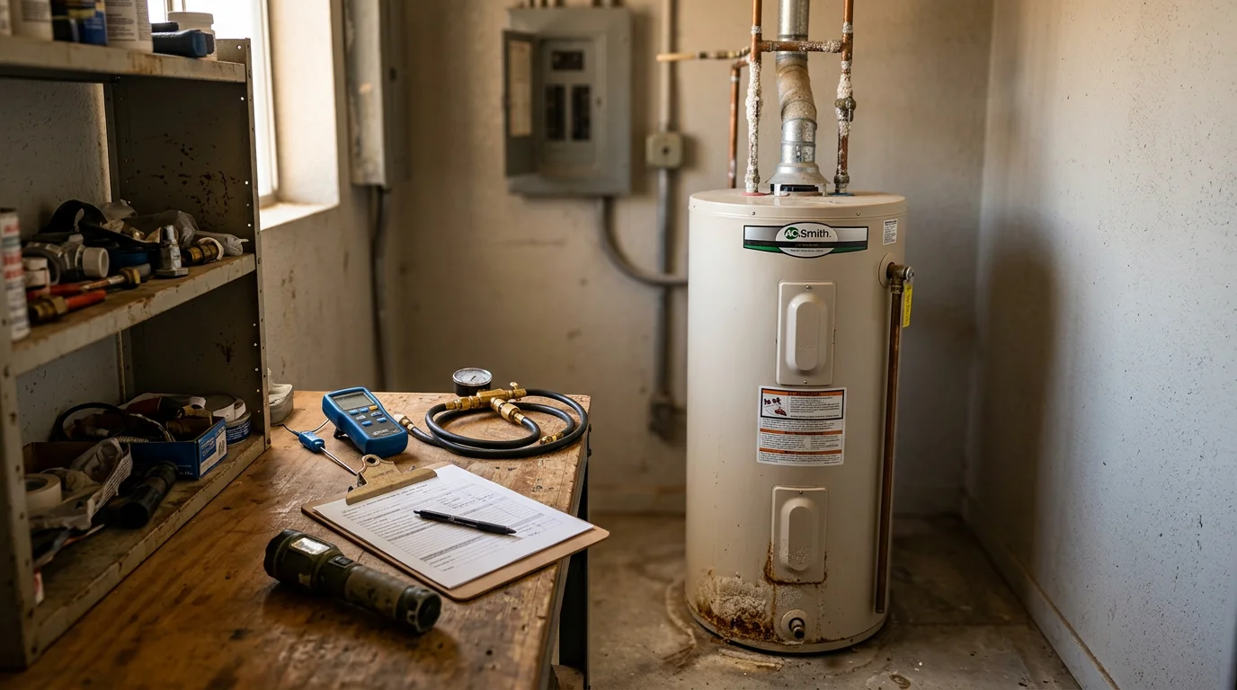 A technician from Cobre Valley Air LLC inspecting a residential water heater tank in a Globe, Arizona home, checking connections and the pressure relief valve.
