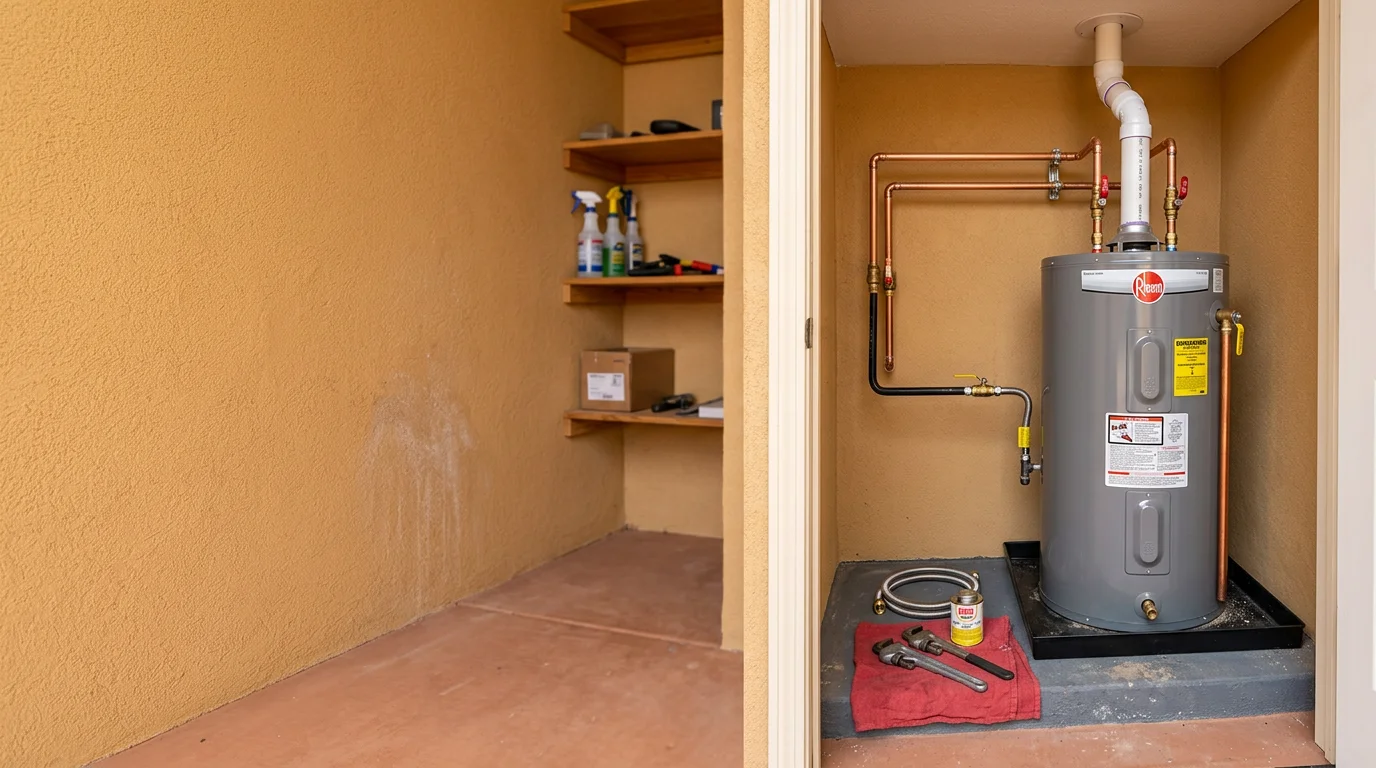 A newly installed water heater inside a Globe, Arizona home utility space, with a properly connected drain pan and pressure relief valve piping visible. The unit is positioned in an accessible area in compliance with Arizona installation requirements.