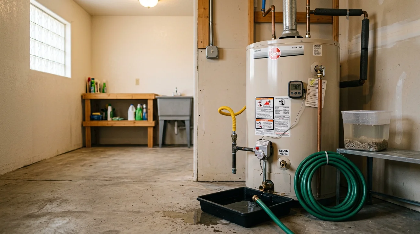 A technician from Cobre Valley Air LLC inspecting and flushing a residential water heater tank during a maintenance visit in Globe, Arizona. The image shows the drain valve connected to a hose with sediment-clouded water draining from the unit.
