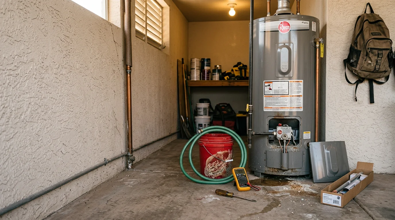 A technician inspecting a residential tank-style water heater in a Globe, Arizona home garage. The unit shows signs of mineral sediment buildup common to Gila County groundwater sources.
