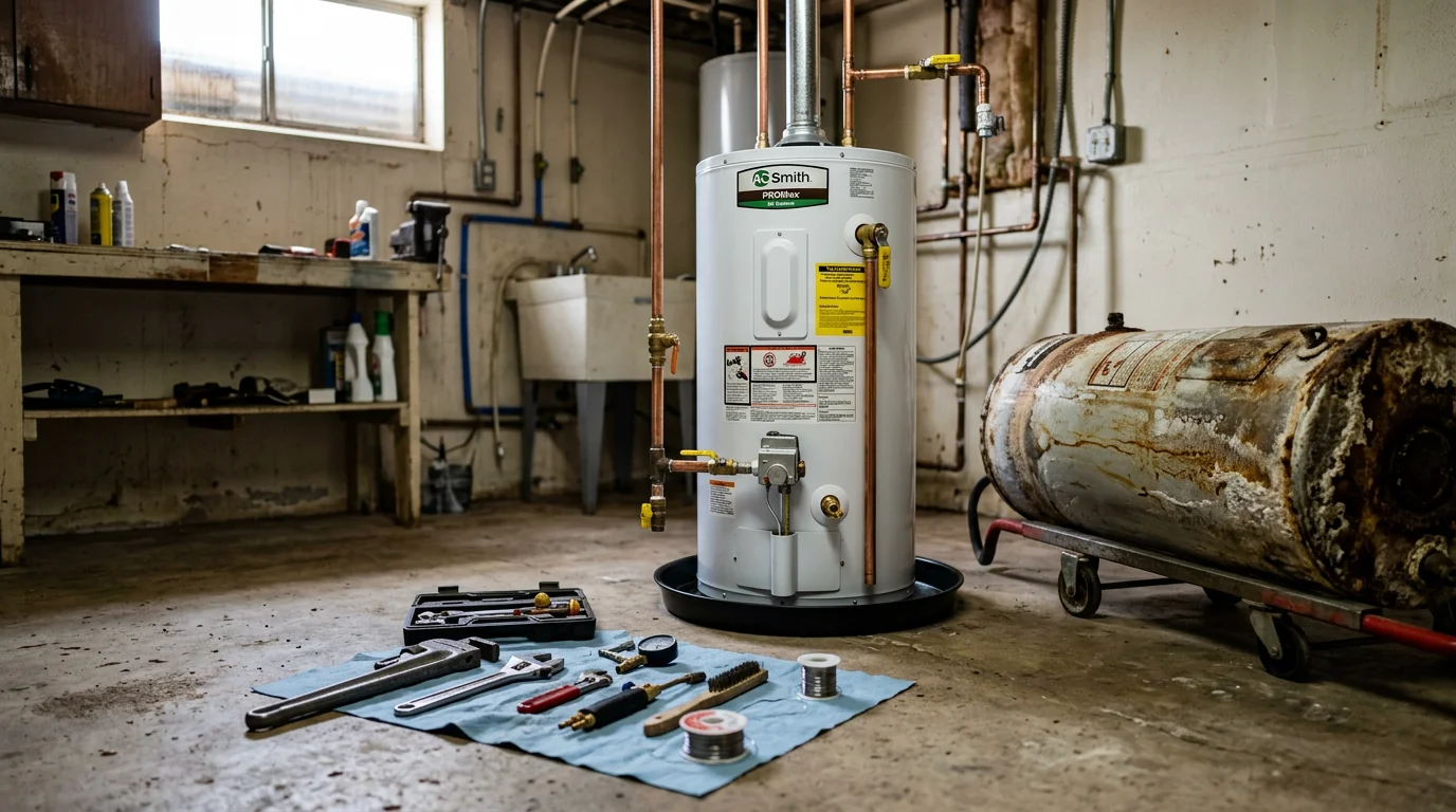 A new water heater installed in a residential utility space in Globe, Arizona, with clean copper connections and a properly routed pressure relief valve drain line. The old unit has been removed and the surrounding floor area is dry and clear.